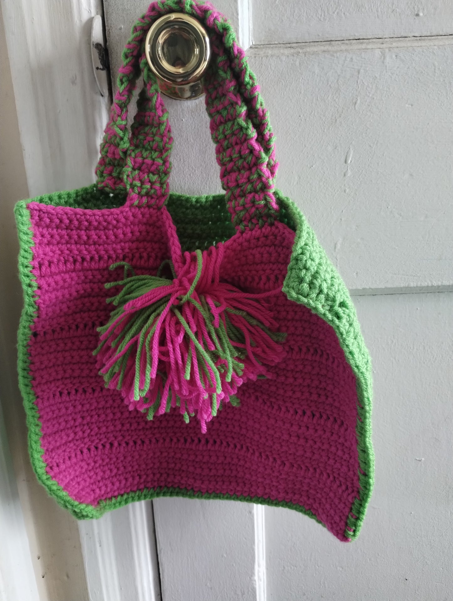 Pink Apple Green Crocheted Tote