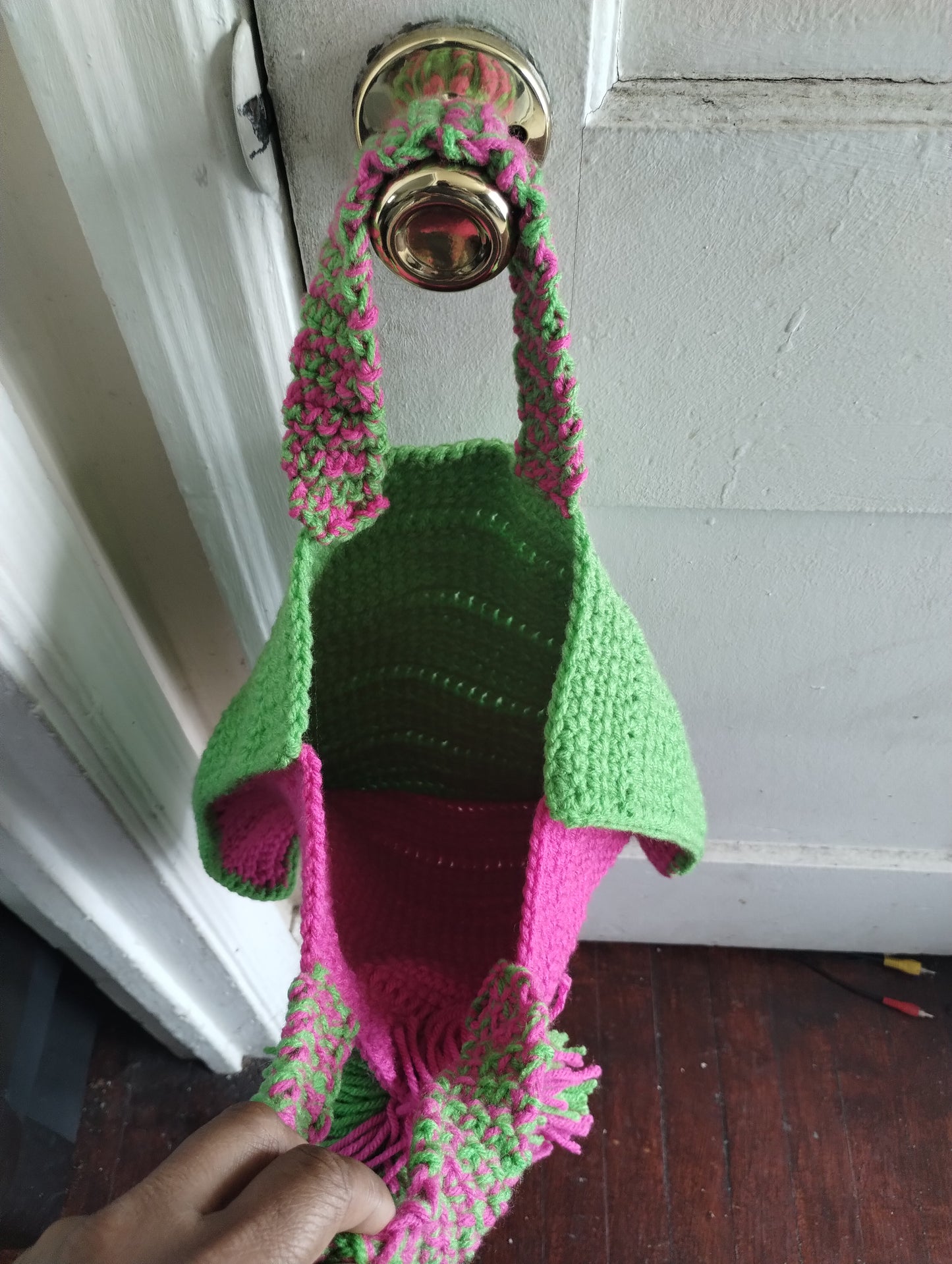 Pink Apple Green Crocheted Tote